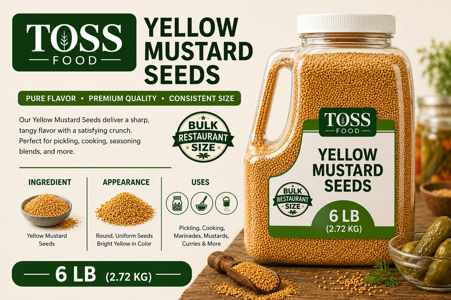 Culinary Whole Yellow Mustard Seed, 6 LB - 96 Ounce Container of Yellow Mustard Seeds, Perfect for Pickling, Rubs and Cooking, Sourced from India Certified Kosher