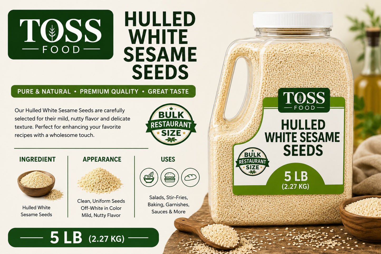 TOSS Hulled White Sesame Seeds, 5 LB
