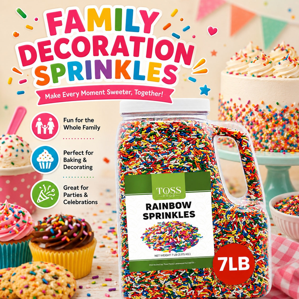 TOSS Rainbow Sprinkles Jimmies, 7 Pounds