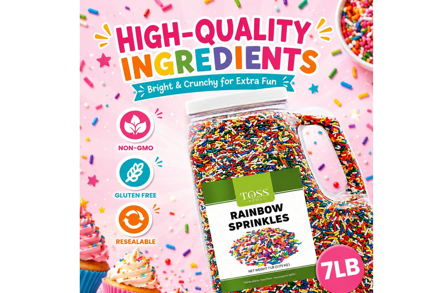 TOSS Rainbow Sprinkles Jimmies, 7 Pounds